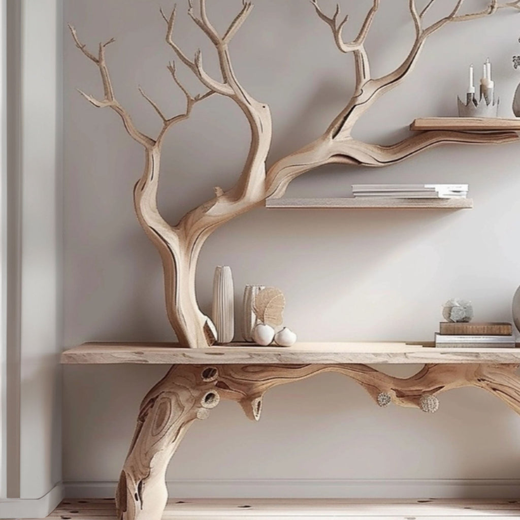 Farmhouse console table with tree branch bookshelf - view 2
