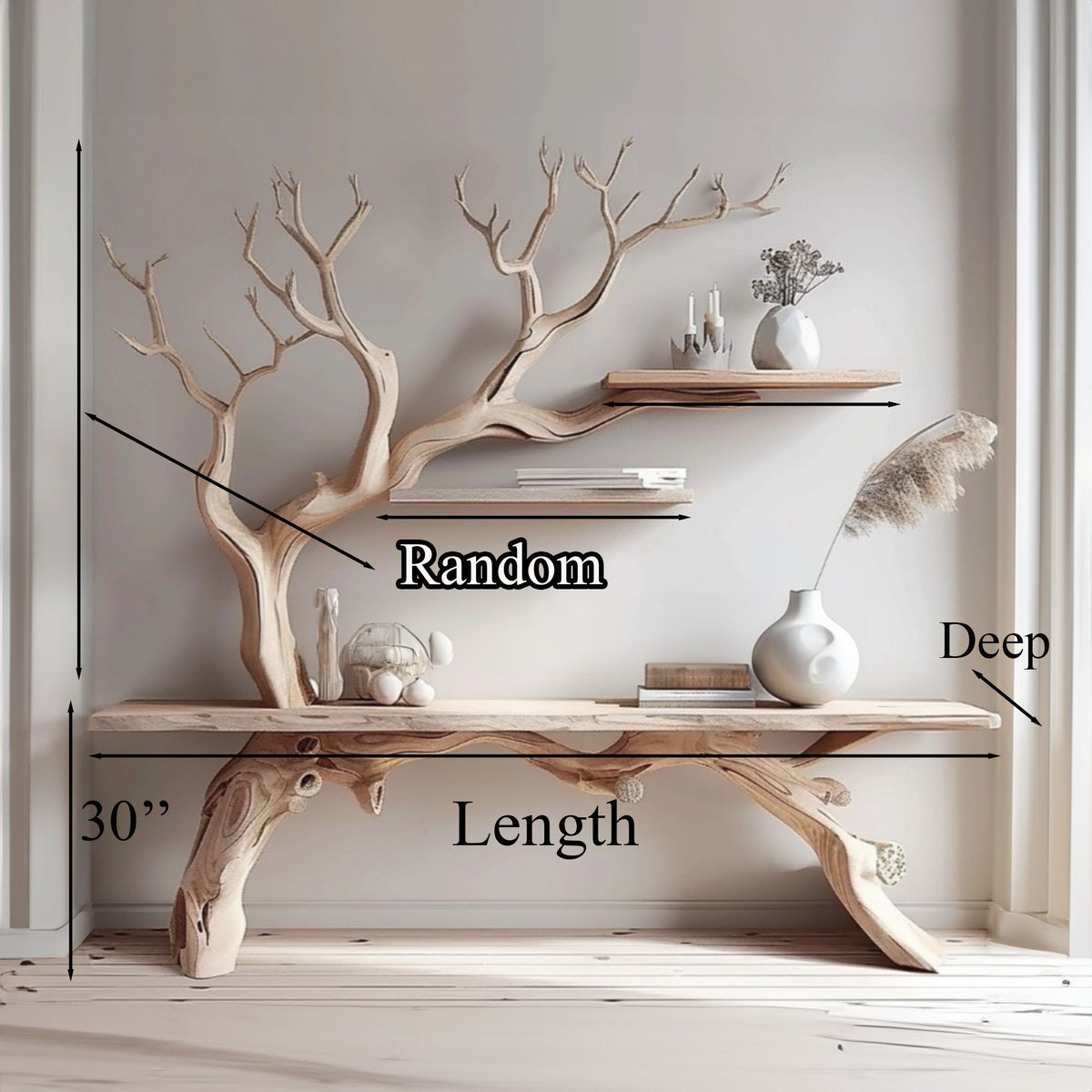 Farmhouse console table with tree branch bookshelf