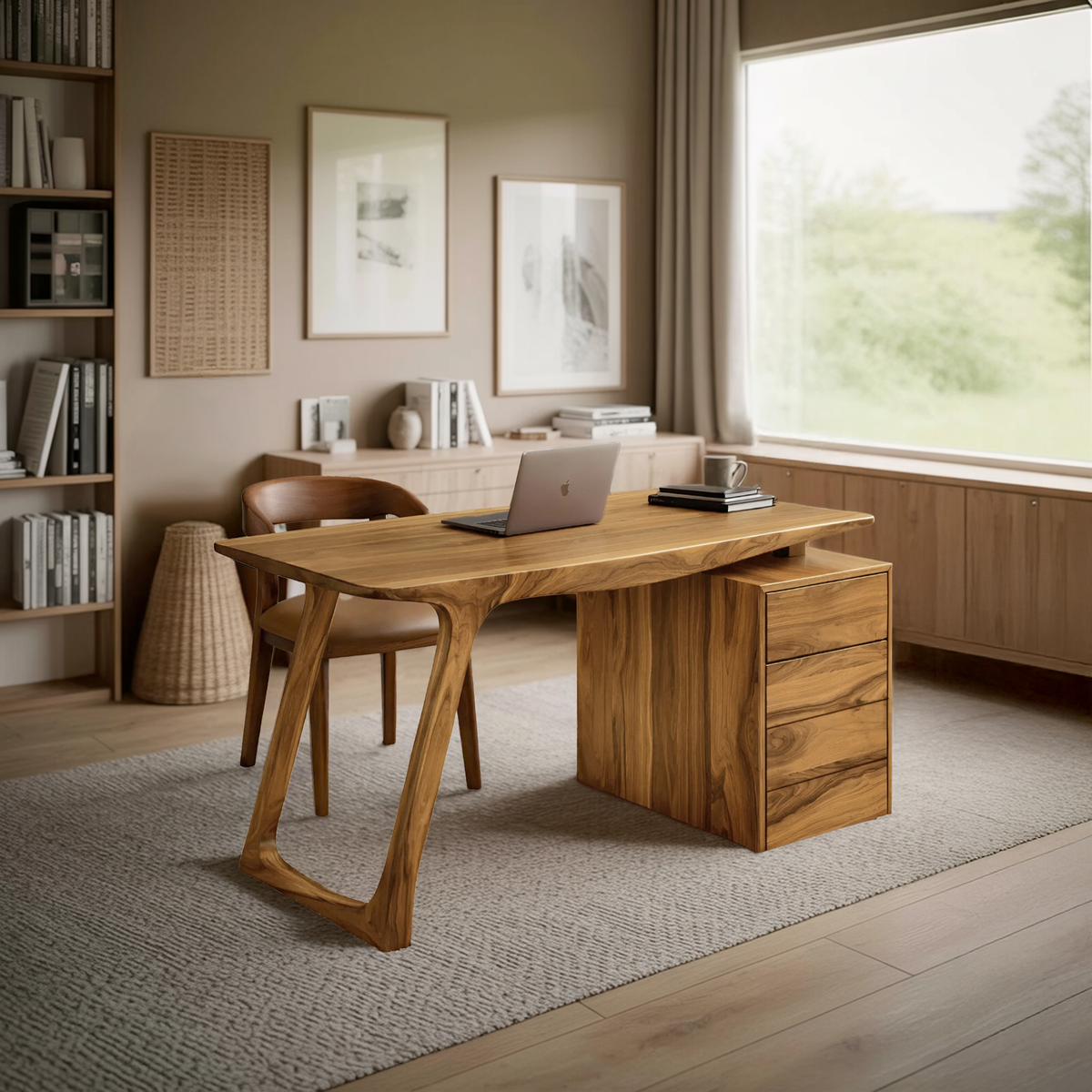Contemporary Live Edge Office Desk With Storage Cabinet For Workspace - view 5