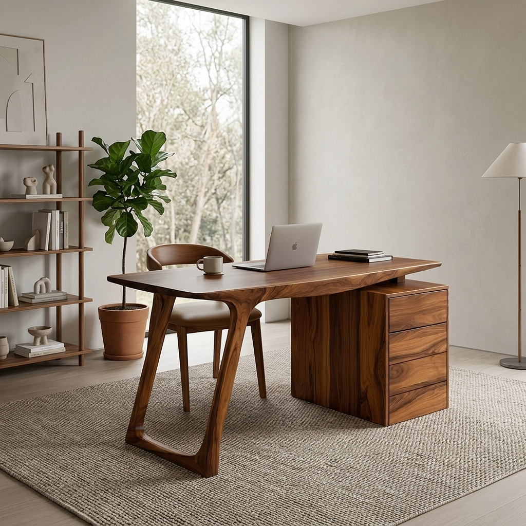 Contemporary Live Edge Office Desk With Storage Cabinet For Workspace