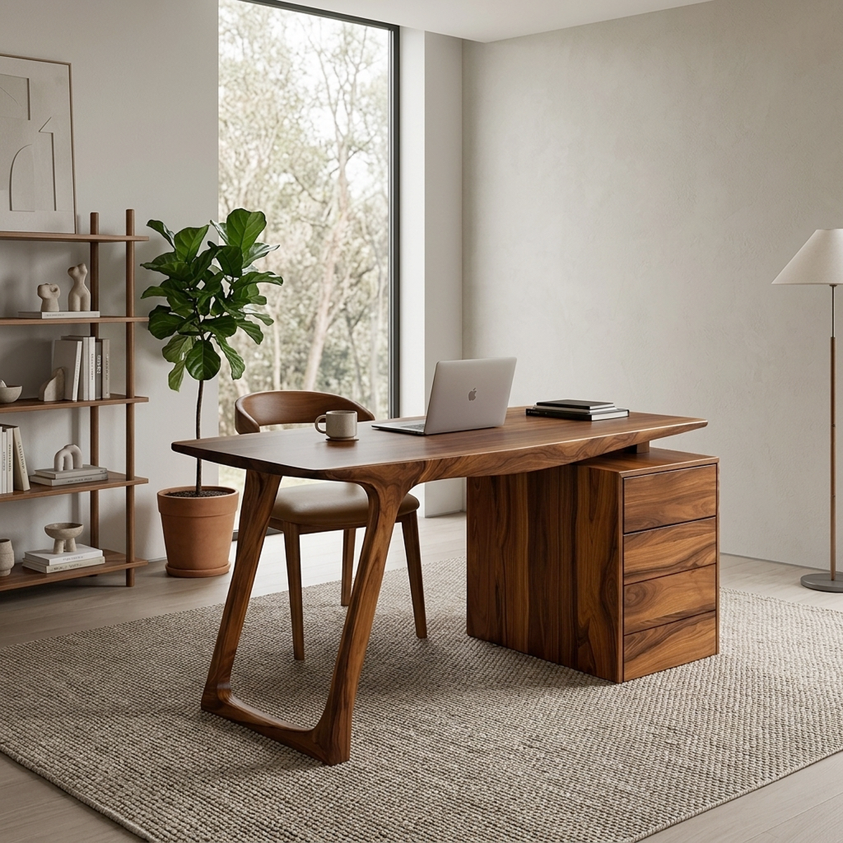 Contemporary Live Edge Office Desk With Storage Cabinet For Workspace