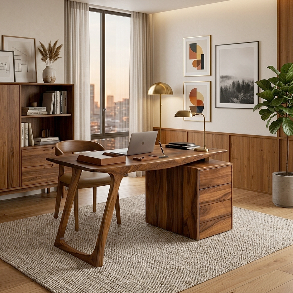 Contemporary Live Edge Office Desk With Storage Cabinet For Workspace - view 2