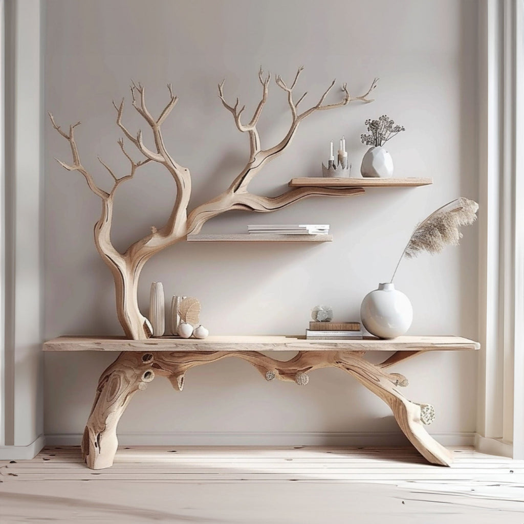 Farmhouse console table with tree branch bookshelf - view 3