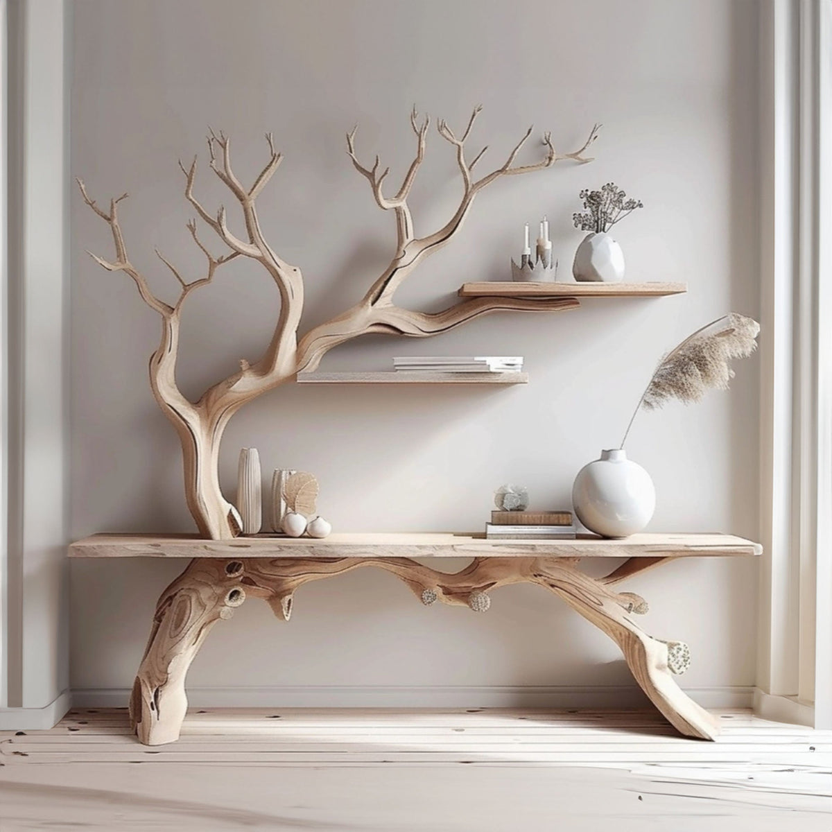 Farmhouse console table with tree branch bookshelf - view 3