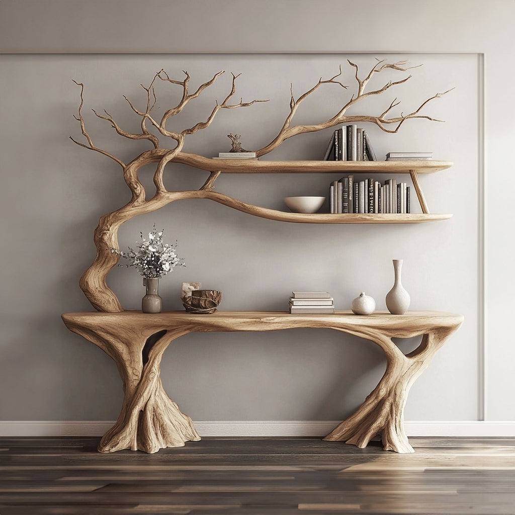 Console Narrow Table With Tree Branch Bookshelf