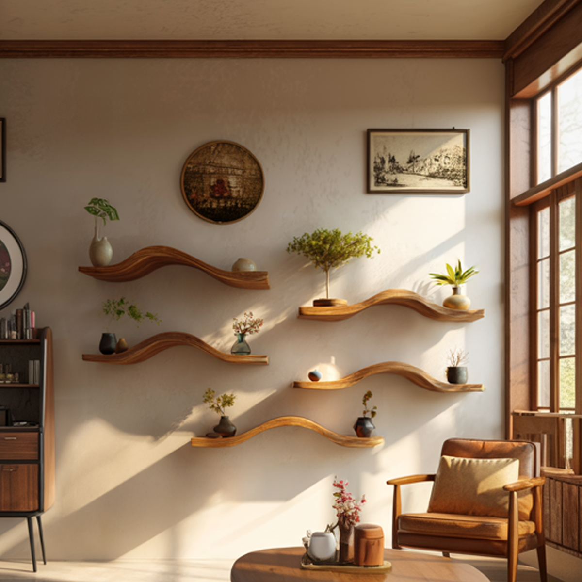 Curved Solid Wood Floating Shelves Organic Modern Living Room Interior - view 2